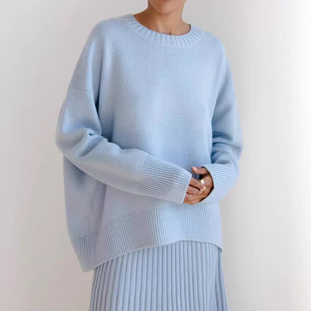 Best-Selling Women's Knit Sweater – Round Neck, Solid Color, Loose Fit—Blue