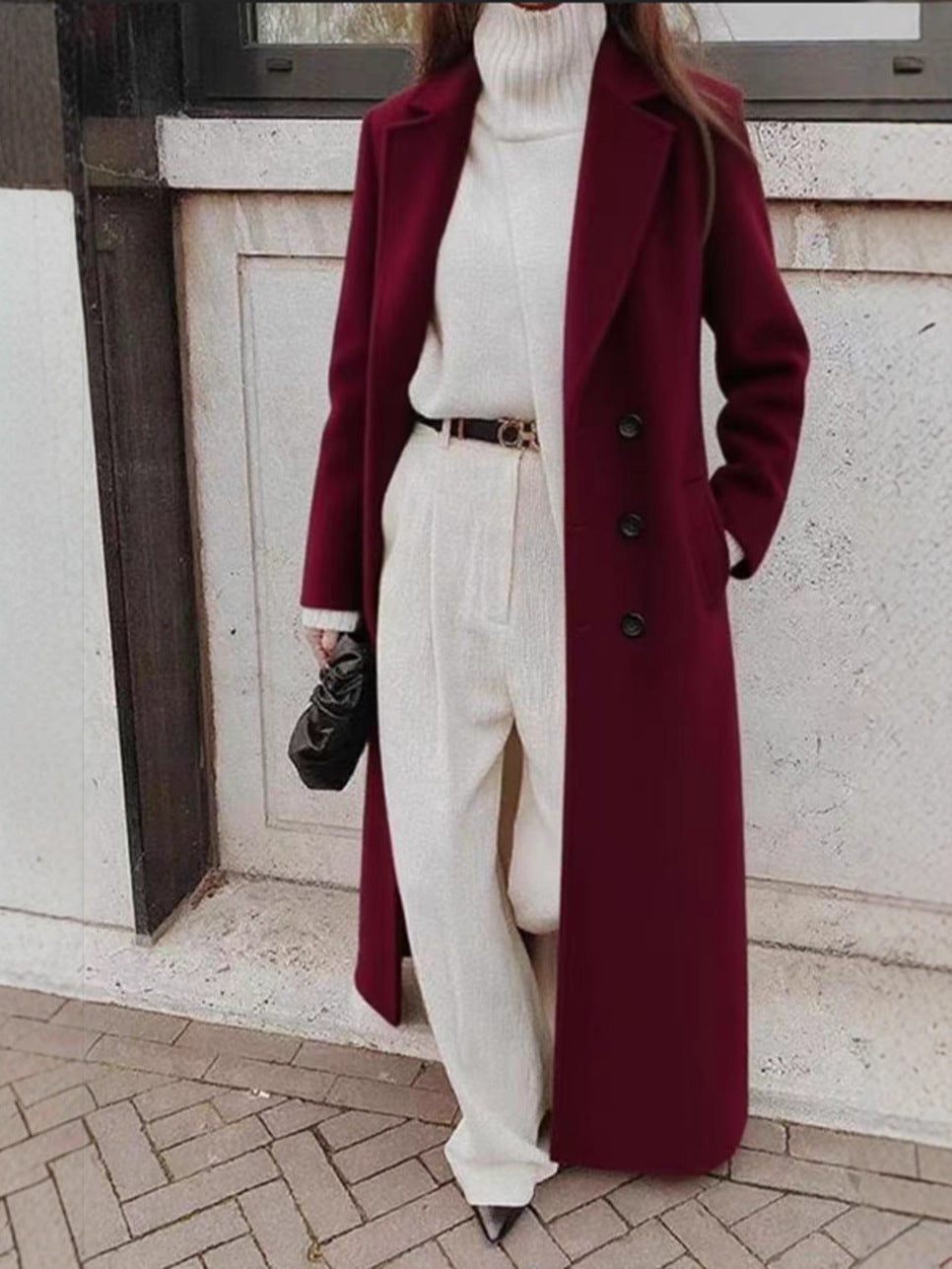 Casual Long Solid Color Warm Woolen Overcoat-Red