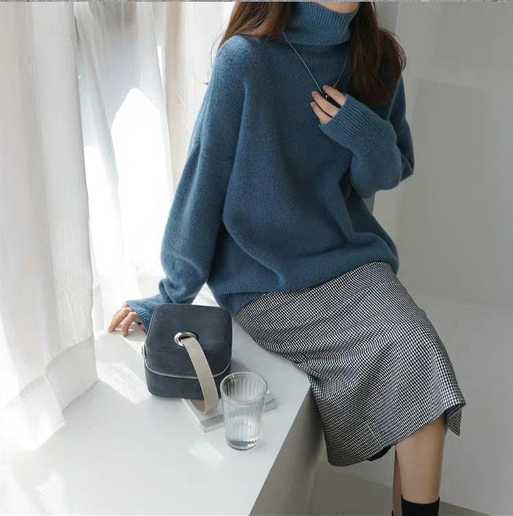 Women's Turtleneck Sweater – Loose-Fit Versatile Knit Pullover, Effortless Style Layering Top—Blue
