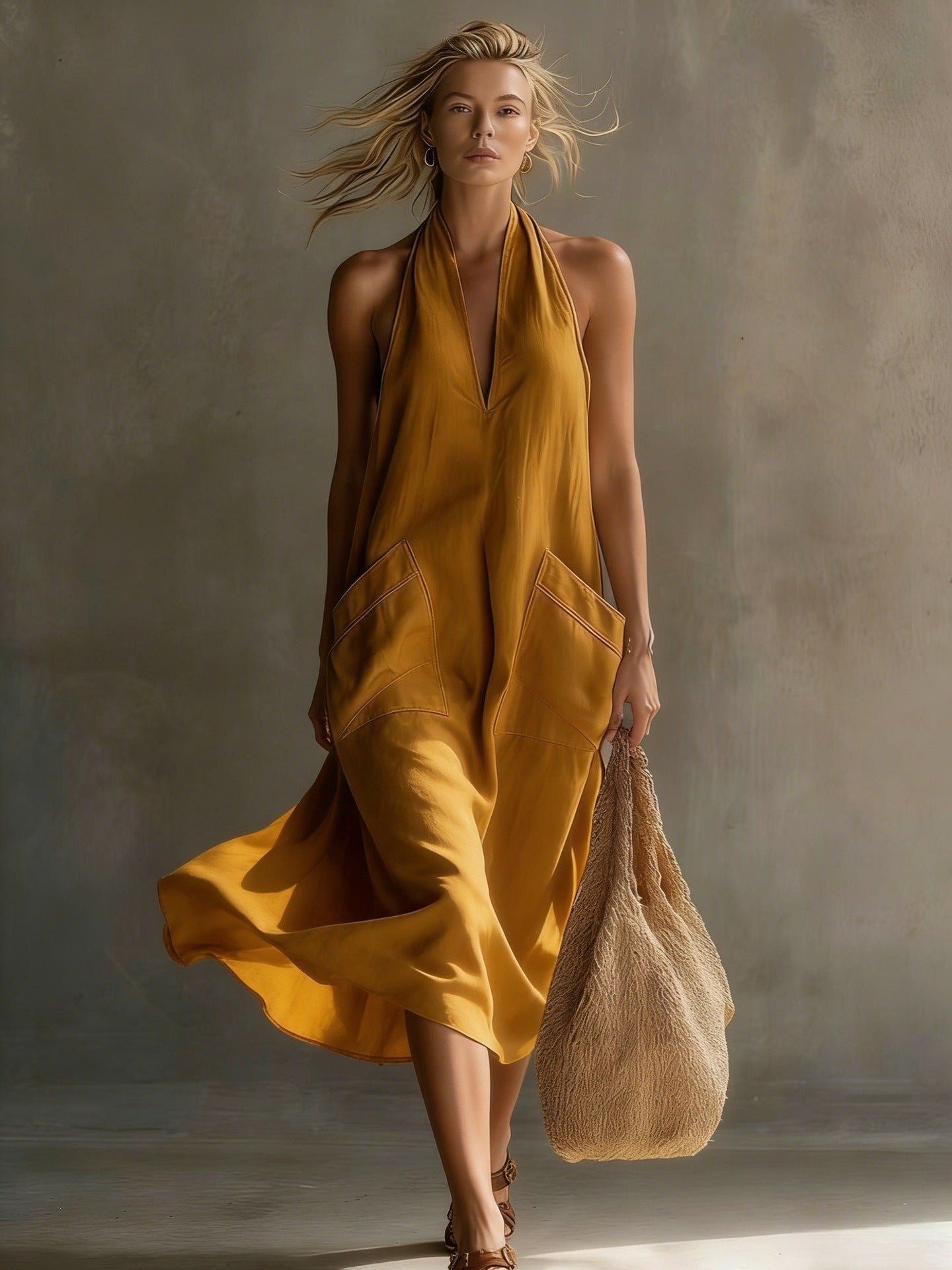 Summer sleeveless dress for women – European and American style halter neck V-neck backless fashion dress with pockets-Yellow