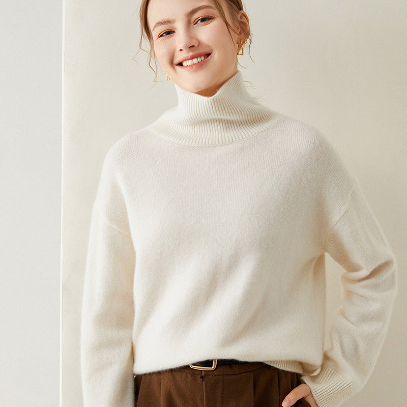 Women's Turtleneck Sweater – Loose-Fit Versatile Knit Pullover, Effortless Style Layering Top—White