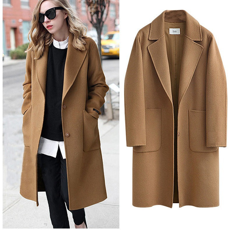 Autumn/Winter Double-Faced Wool Coat – Long Length, Loose Fit-Brown