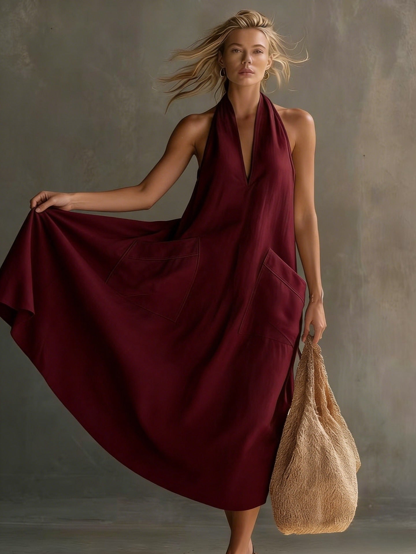 Summer sleeveless dress for women – European and American style halter neck V-neck backless fashion dress with pockets-Red