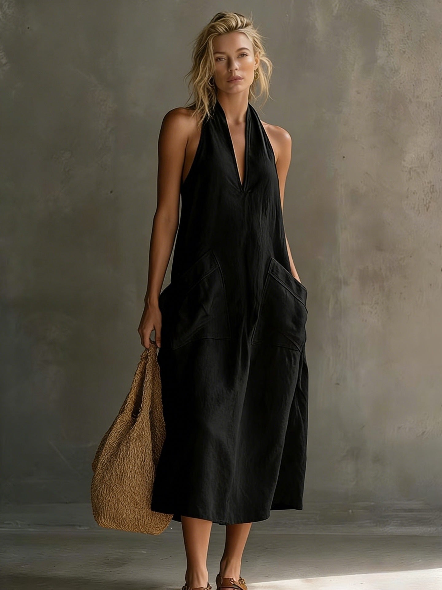 Summer sleeveless dress for women – European and American style halter neck V-neck backless fashion dress with pockets-Black