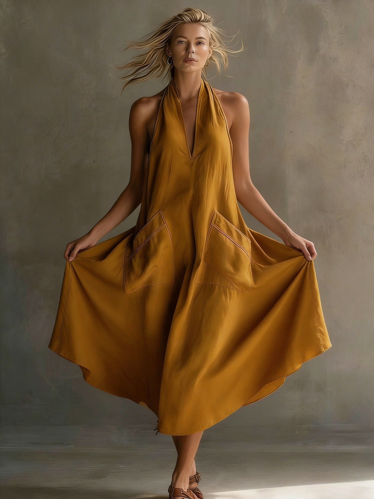 Summer sleeveless dress for women – European and American style halter neck V-neck backless fashion dress with pockets-Yellow