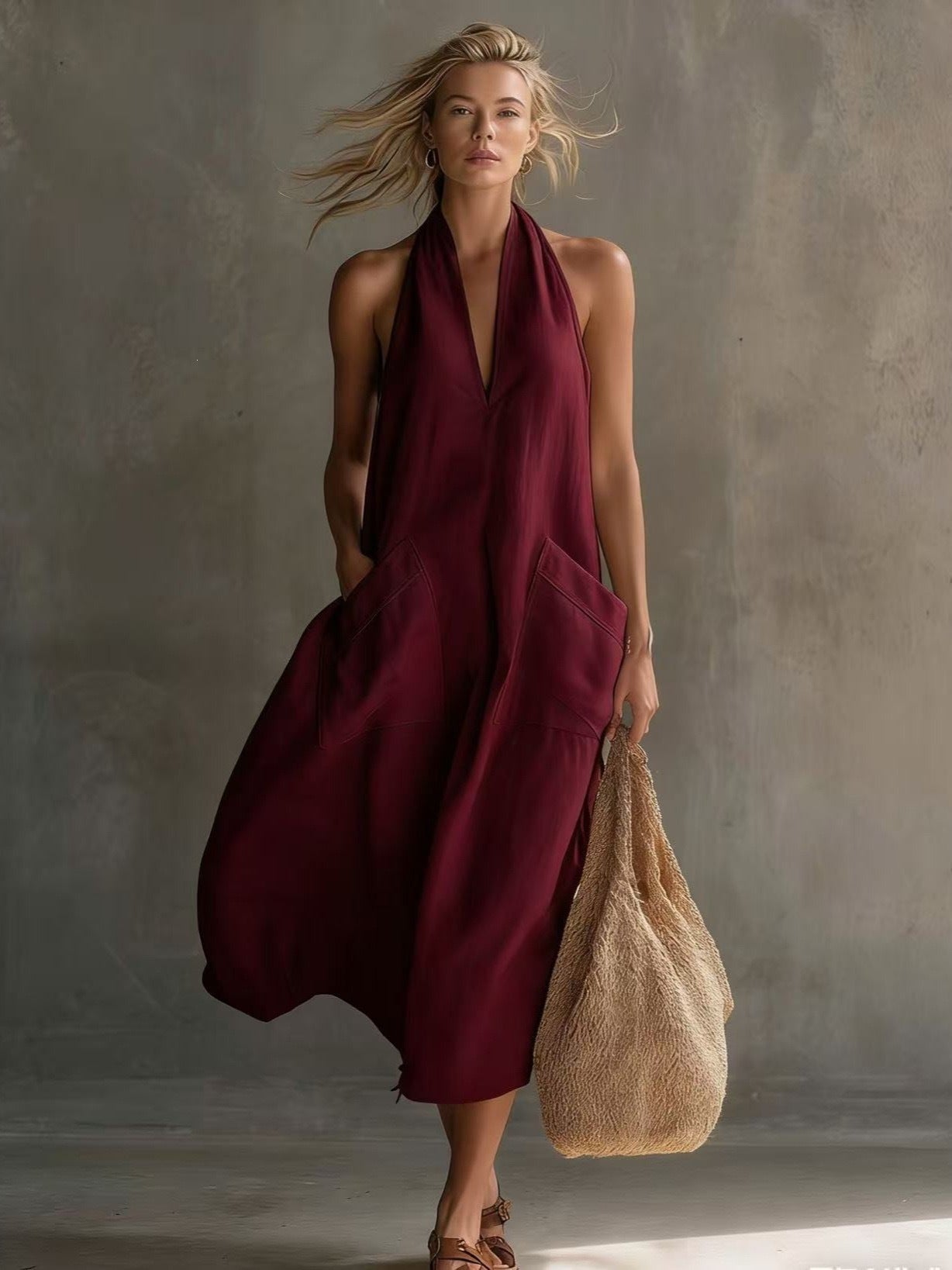 Summer sleeveless dress for women – European and American style halter neck V-neck backless fashion dress with pockets-Red