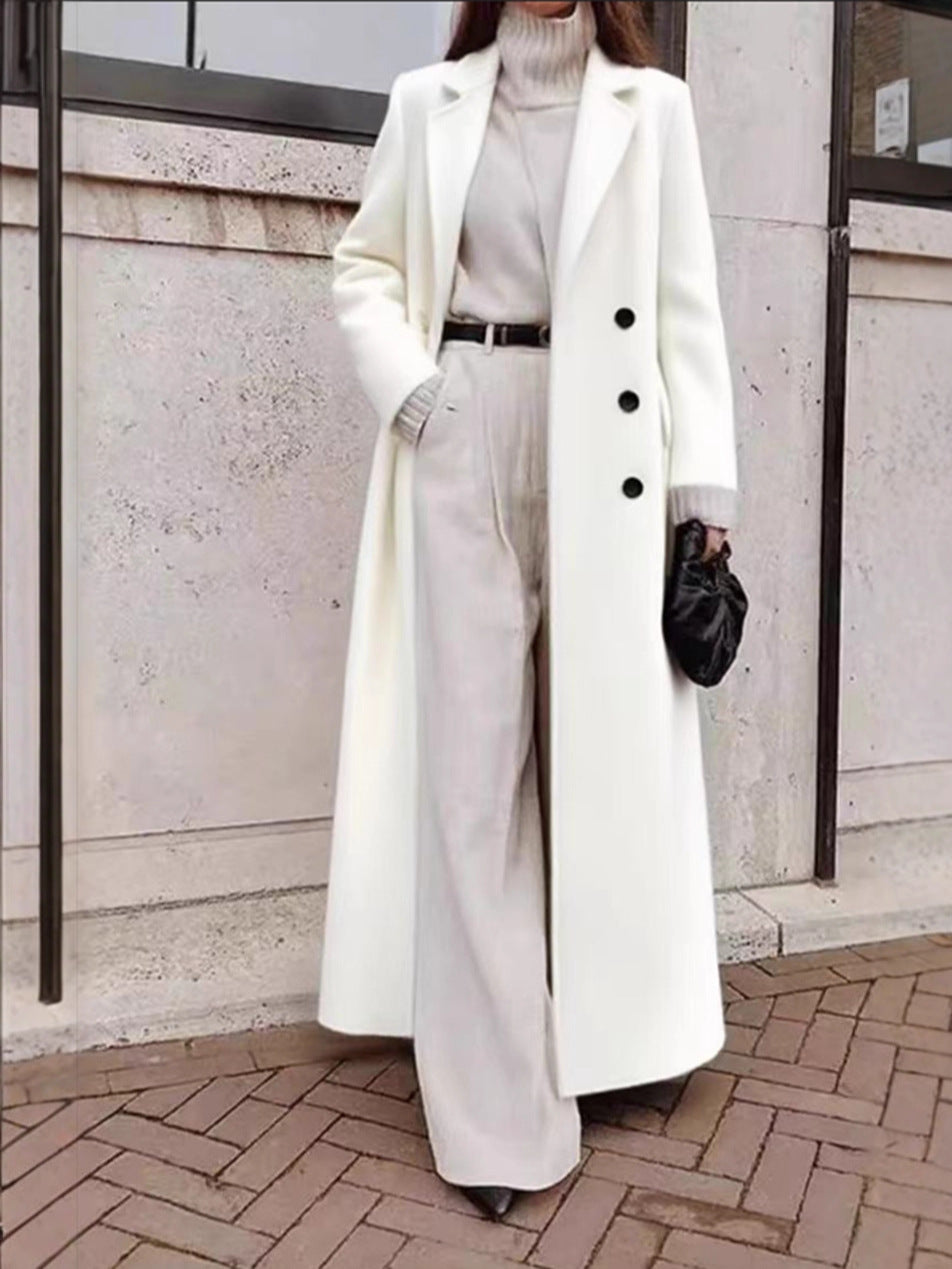 Casual Long Solid Color Warm Woolen Overcoat-White